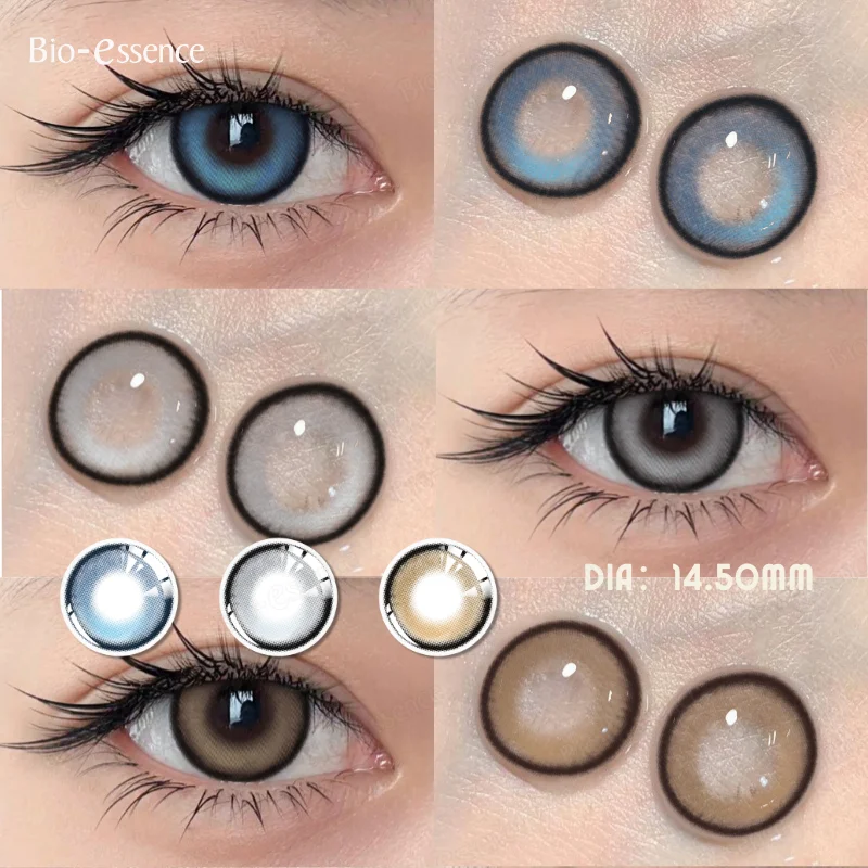 Bio-essence 1Pair Gray Contact Lenses with Diopter Yearly Blue Lens New Style Colorcon Cosmetics Beauty Brown Eyes Makeup Pupils