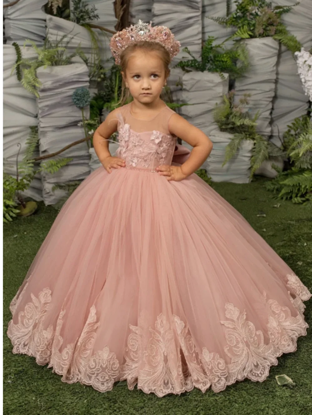 

Pink Princess Dress Flower Girl Dresses Lace Appliques Sweep Train Beading Ball Gown Kids Birthday Party For Wedding Dress