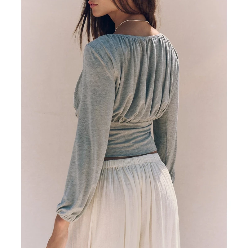 Combhasaki 女性春秋シャーリングクロップドトップス無地シックなオフショルダー長袖スリムフィットボディスブラウスストリートウェア