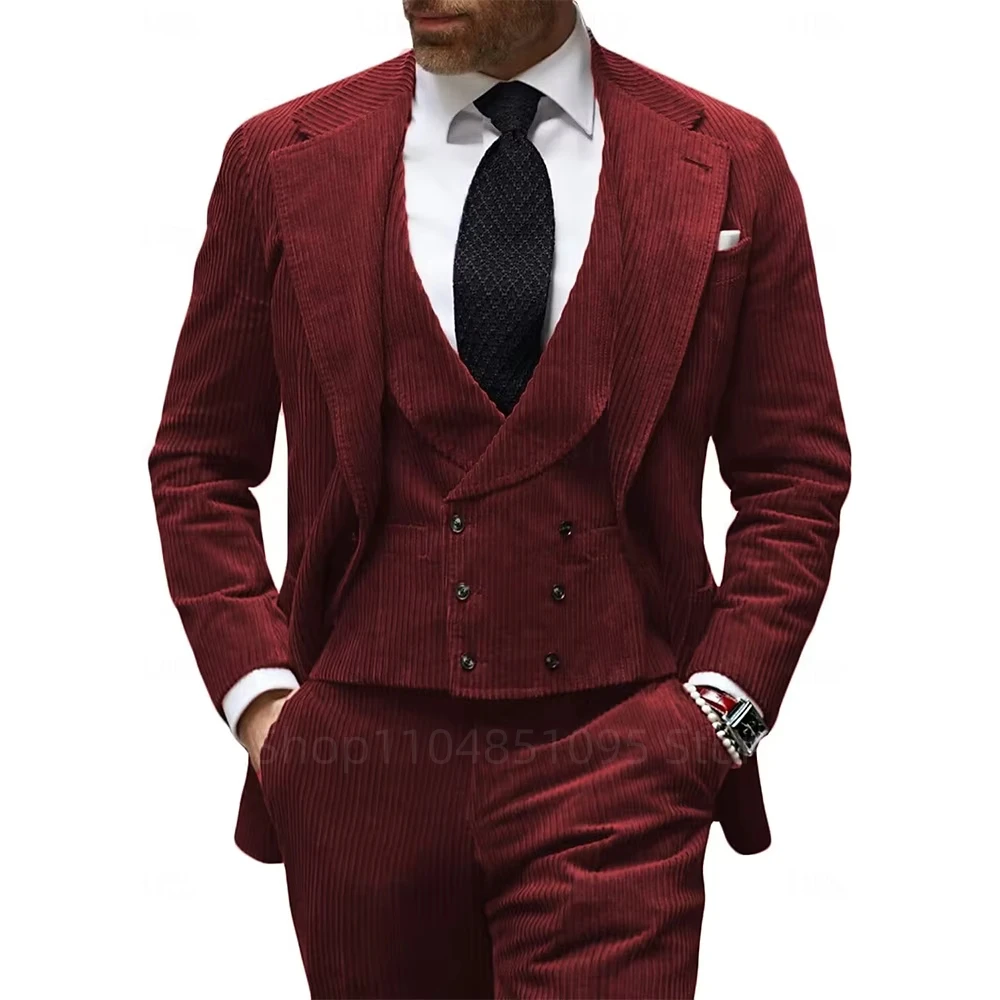 

Burgundy Corduroy Men's Suit Formal Business Workwear Groom Wedding Tuxedo Slim Fit Blazer 3-piece Set Elegant Suit Men XS-6XL