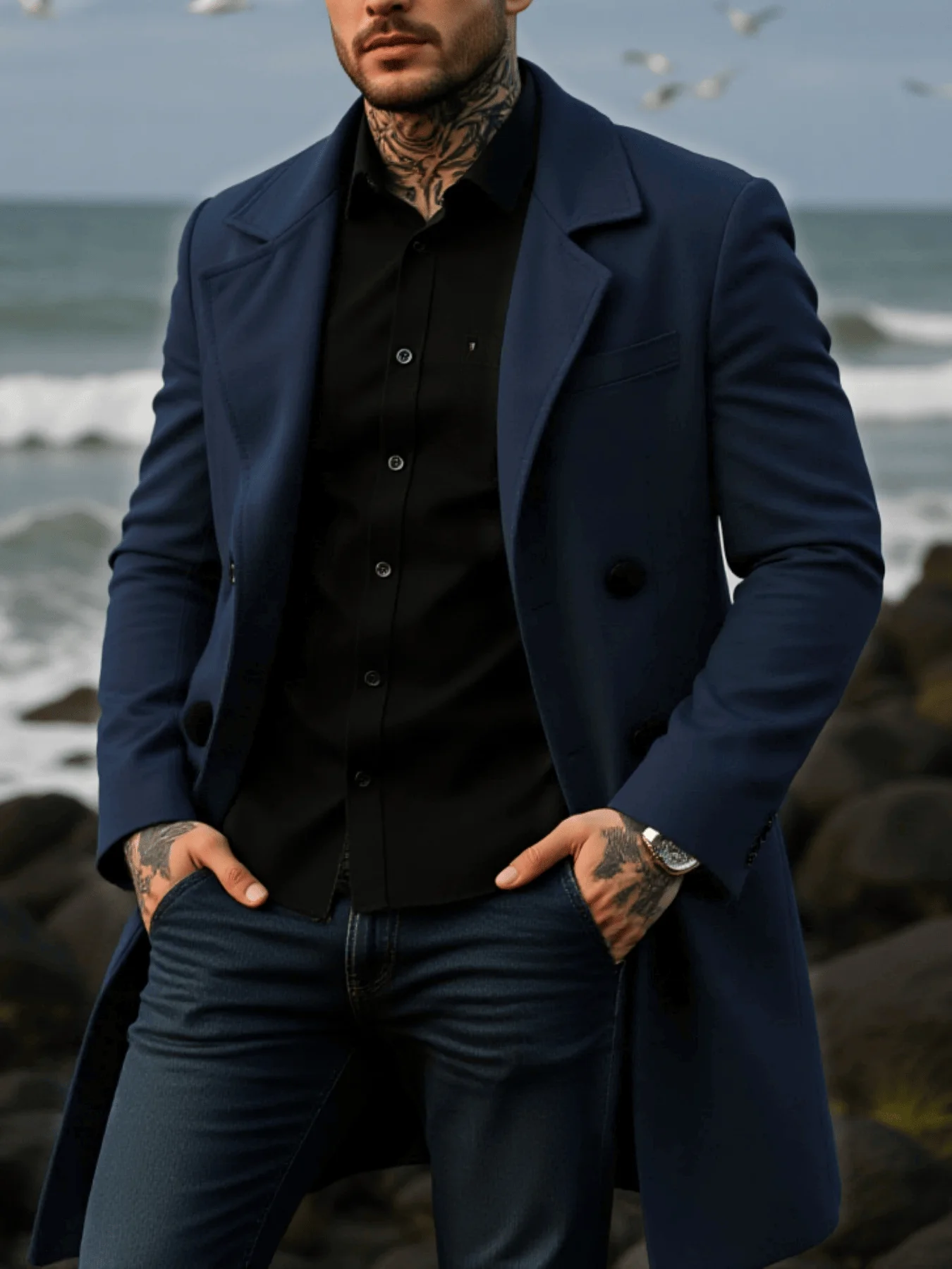 

Winter Men's Double Breasted Casual Warm Coat With Wind Jacket Lined Wool Blend Coat Thickened Fashion Men's Wear