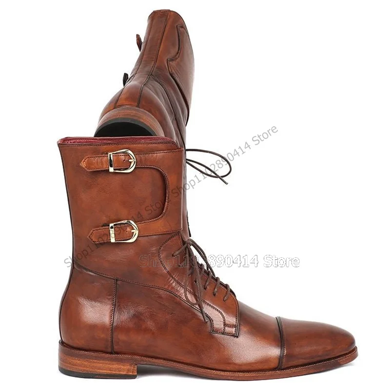 Brown Buckle Decor Mid Calf Sewing Design Boots Fashion Lace up Men Shoes Luxury Handmade Party Banquet Office Men Dress Shoes