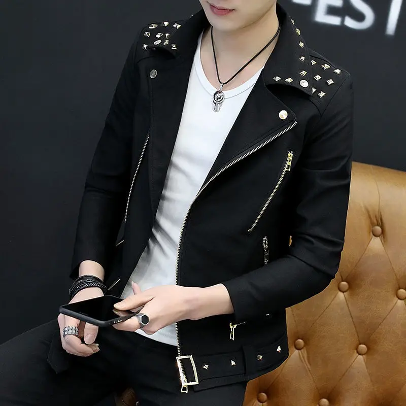 2024 Spring Autumn Men Clothing Rivet Youth Slim British Jacket Short Motorcycle Coat