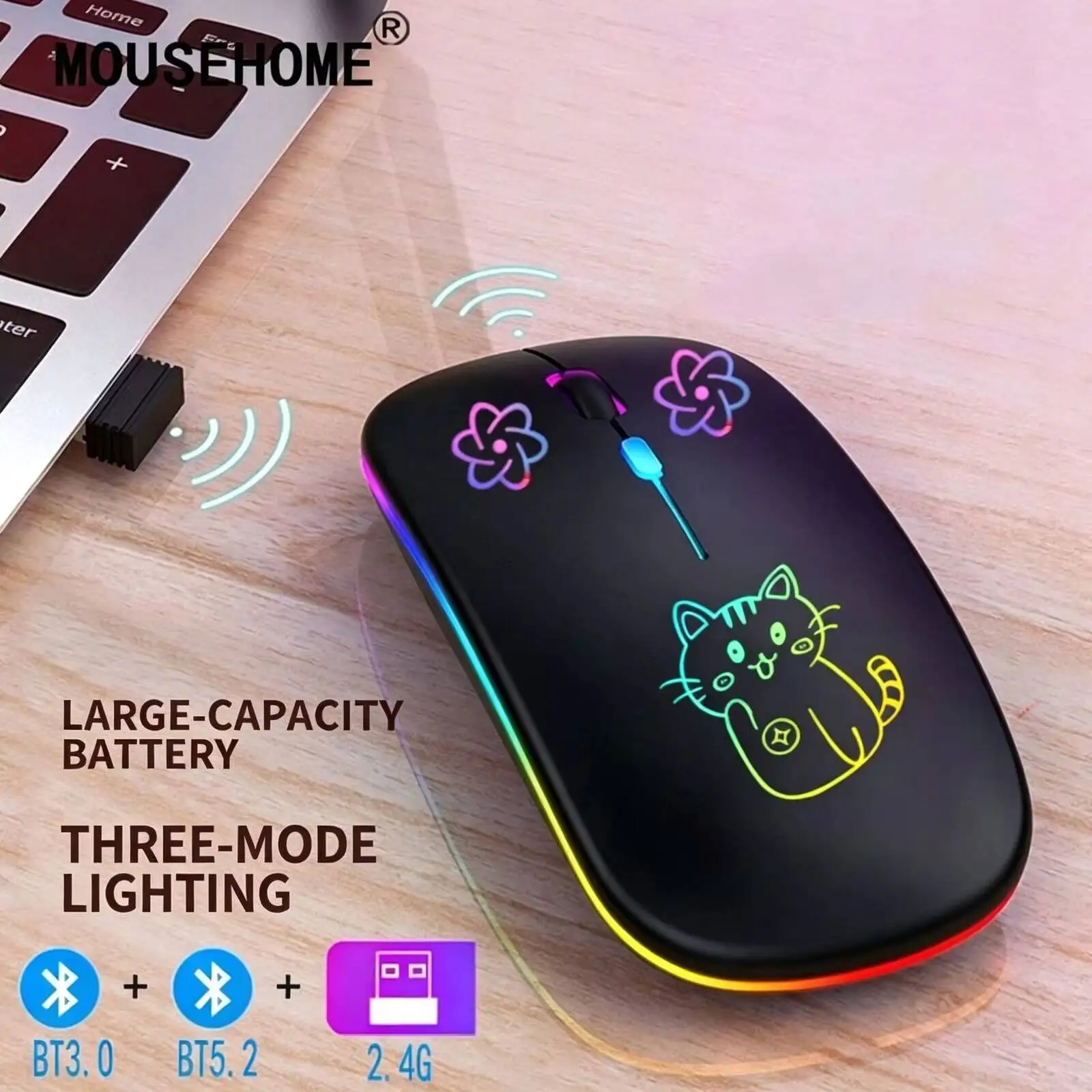 Cute Lucky Cat Wireless Mouse 2.4G+Bluetooth Dual Mode Rechargeable RGB Breathing Light Portable Ergonomic Mice For PC Laptop