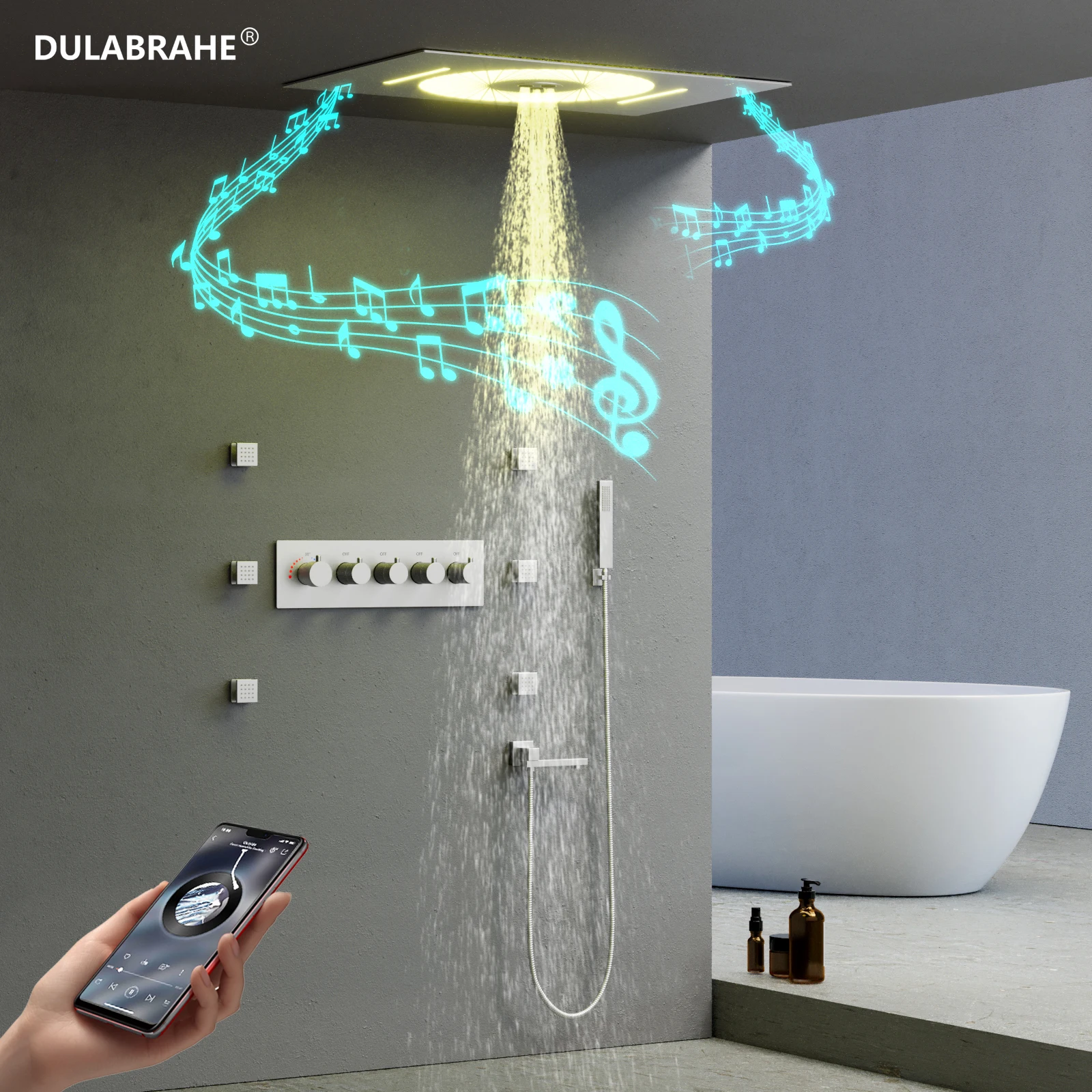 New 600*405mm Rain Waterfall Spray Shower Faucet Bathroom Ceiling LED Music Shower Set