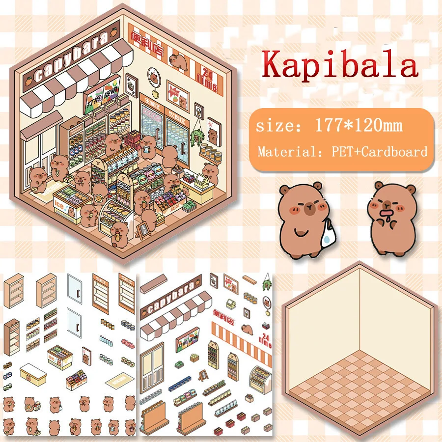 Cartoon 3D Dierenstickers Miniatuur Scène Kawaii Kapibala Kat DIY Gesimuleerde Cabine Sticker Pack Schoolaccessoires Kinderen Speelgoed Cadeau