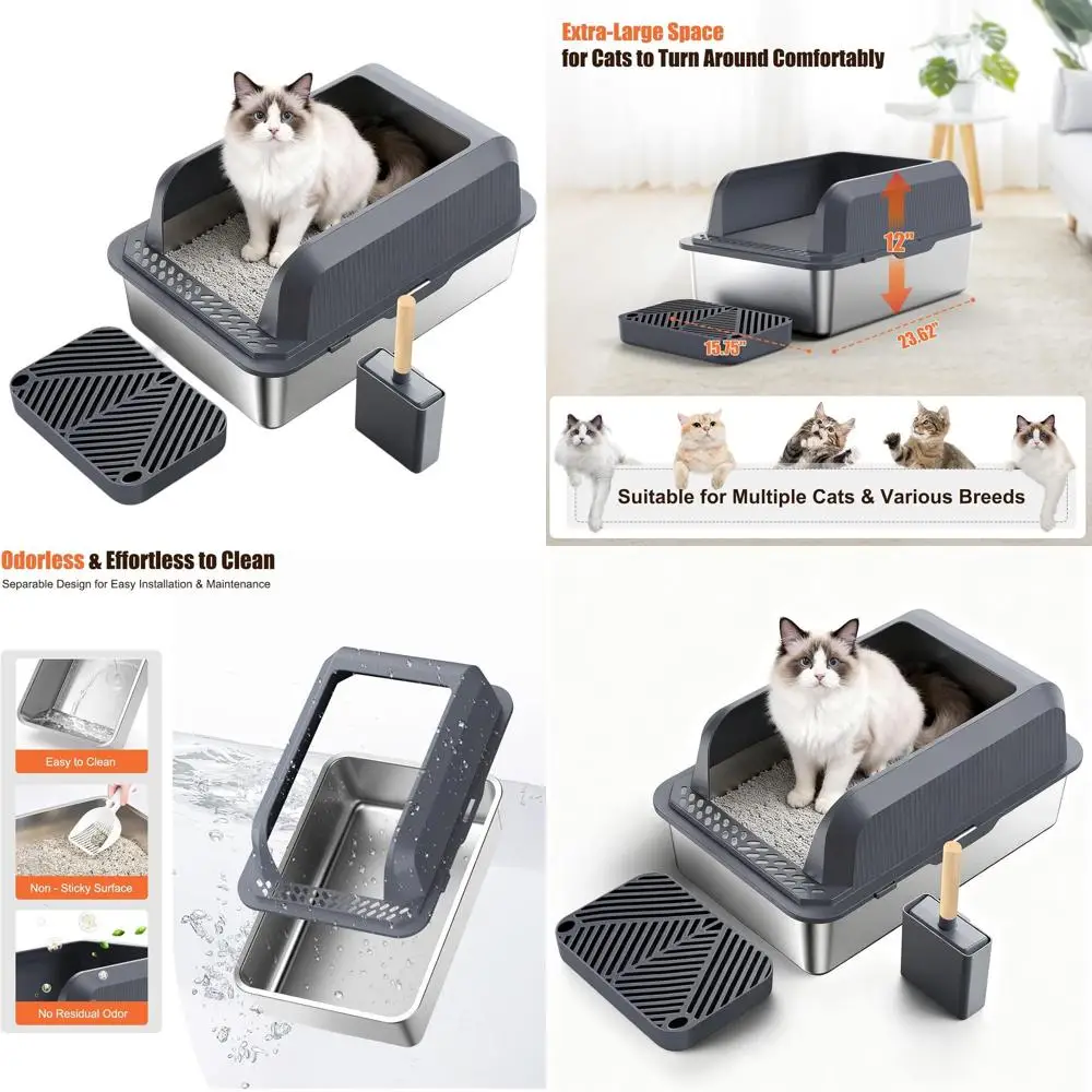 

Очень большой закрытый лоток для кошек из нержавеющей стали с высокими бортиками, XL, с антипригарным покрытием, легко чистится, в комплекте совок (серый)