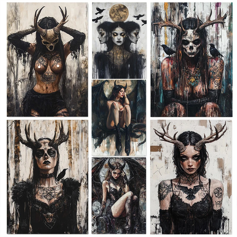 Classic Terror Curse Gothic Style Tattoos Female Warrior Portrait Posters Canvas Paintings Wall Art Pictures Bedroom Home Decor