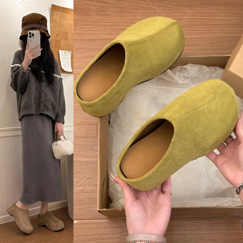 Women Round Toe Slip On Mules, Suede Thick Sole Backless Shoes, Soft Non Slip Casual Flat Footwear for Autumn Winter Daily Wear