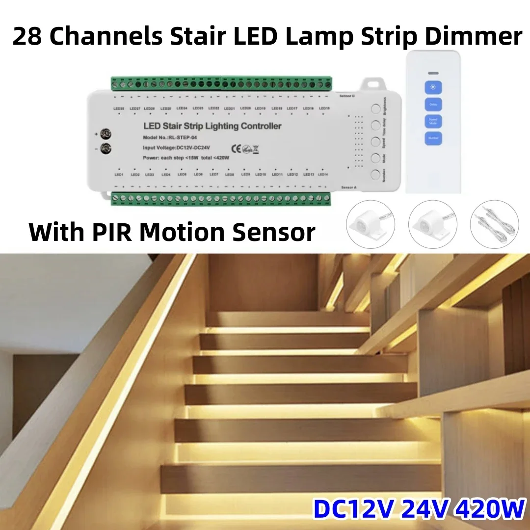 28 Steps Stair Lighting Controller with PIR Motion Sensor 28 Channels Stair LED Lamp Strip Dimmer DC12V 24V 420W Remote Switch