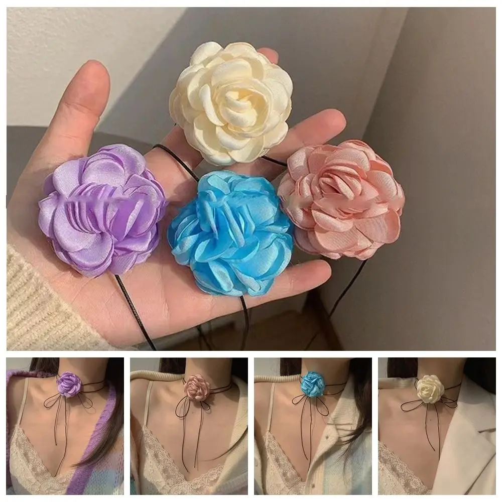 

Trendy Lace-up Rope Big Flower Choker Fabric Jewelry on Neck Flower Necklace Korean Style Cloth Knot Clavicle Chain Girl