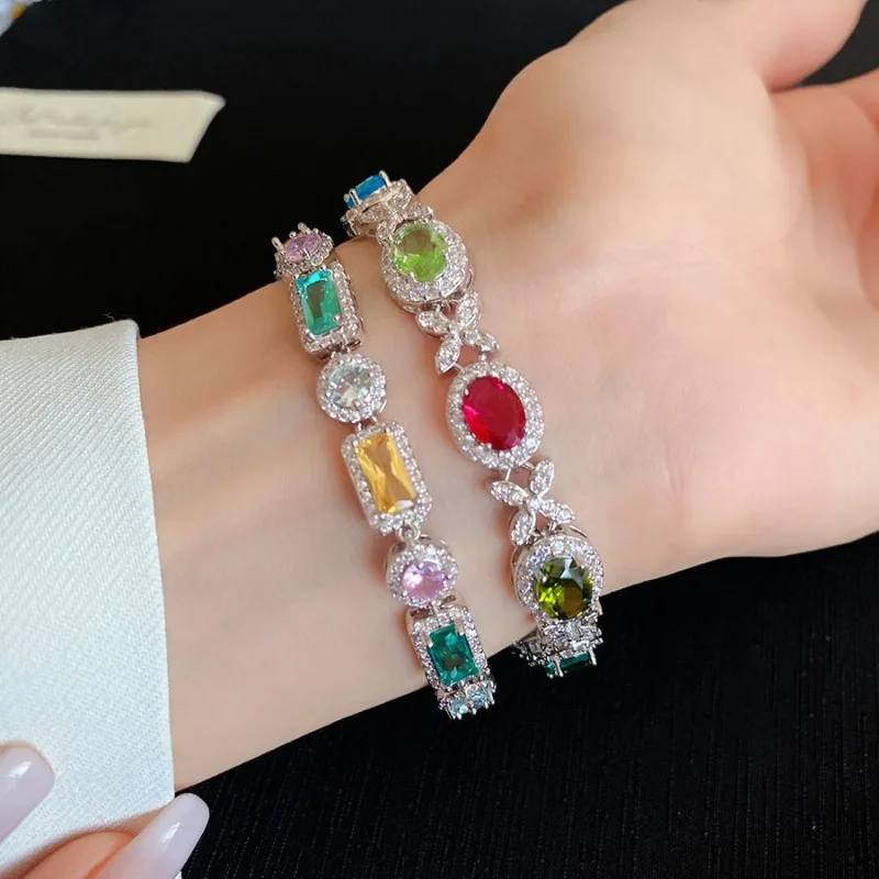 

Minar Luxury Multicolor Geometric Square Oval CZ Cubic Zirconia Strand Bracelets for Women Real Gold Silver Plated Copper Chain