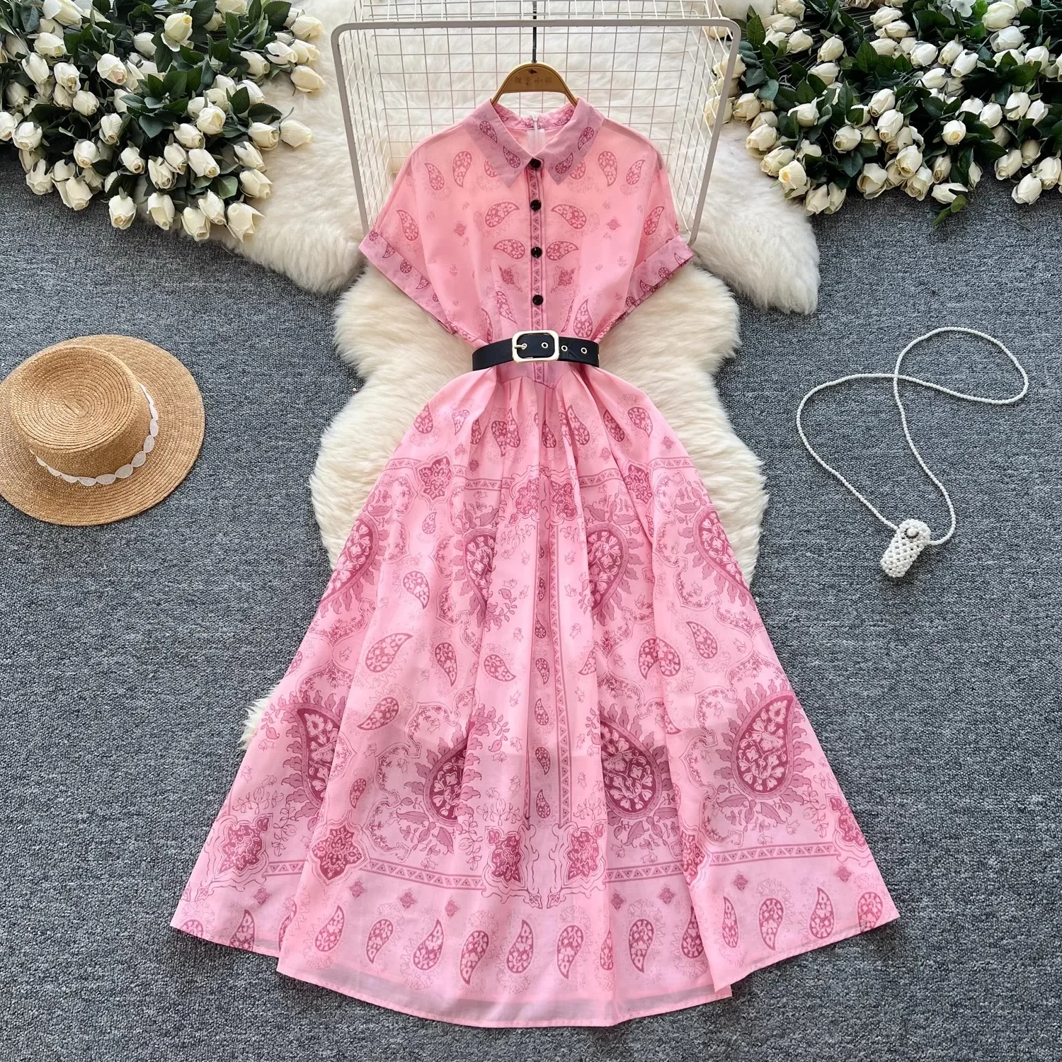 Greenora Turn-Down Neck Short Sleeve Dress For Women Lace Up Single Breasted Summer Casual Pattern VintagePrinted Patchwork Shir