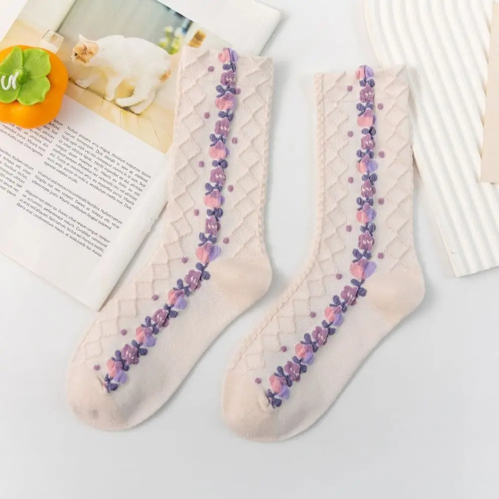5Pairs Fashion Purple Series Floral Tube Socks Bowknot Flower Girls Mid-calf Socks Hosiery Harajuku Sweet Sock Women Warm