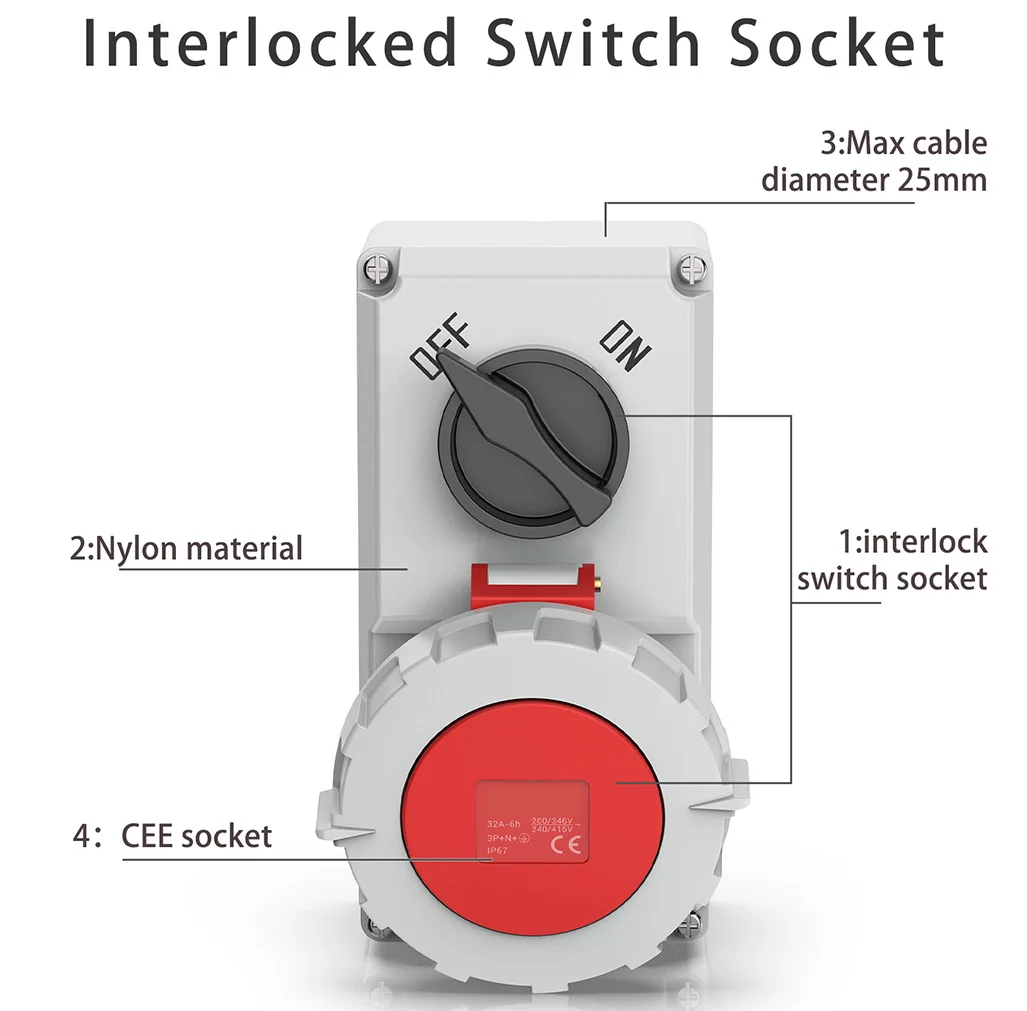 Waterproof ip67 IP44 CEE Socket 3Pin 32a Outlet Interlock Switch Socket safety socket 16A 5PIN