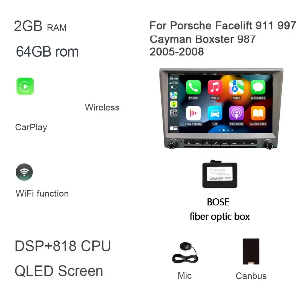 Grijs 720P CarPlay 8 "Android 12.0 Auto dvd-speler 8 Core 4GB DSP multimedia GPS autoradio Voor Porsche 911 997 987 Cayman Boxster