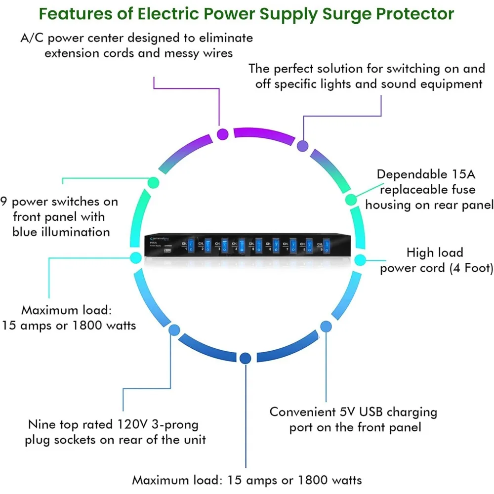 9 Power Outlet with Switches 1800 Watts Max Load Power Conditioner High Load Power Electric Extension Cord Strip