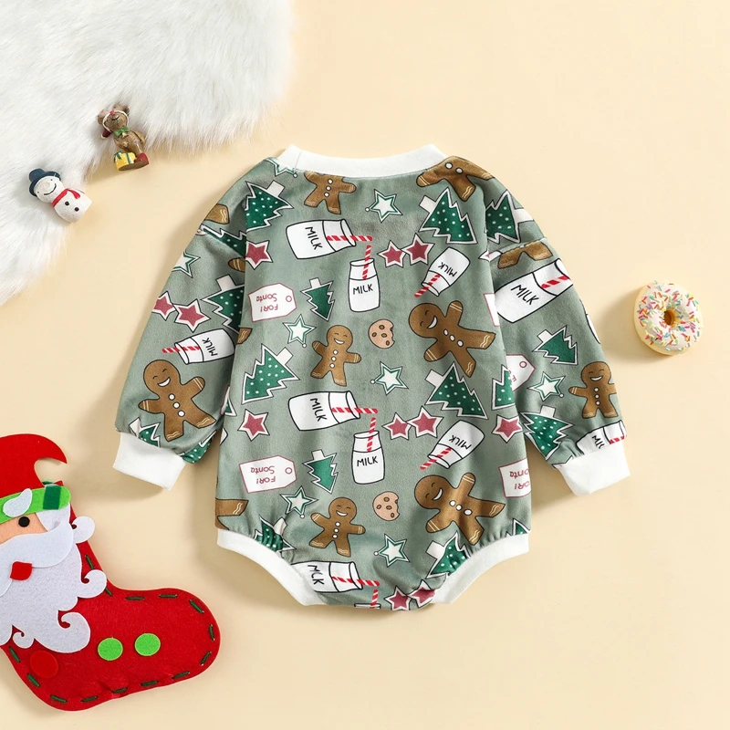 Baby Girls Boys Christmas Romper Biscuits Milk Bottle Print Round Neck Long Sleeve Jumpsuits Autumn Casual  Clothes