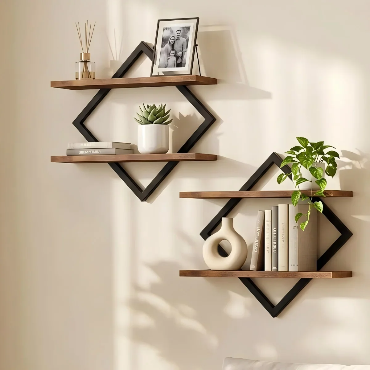 2Pcs Geometric Diamond Floating Shelves Wall Mounted, Industrial Wood Display Rack Set, Decorative Books Plant Storage Shelf for