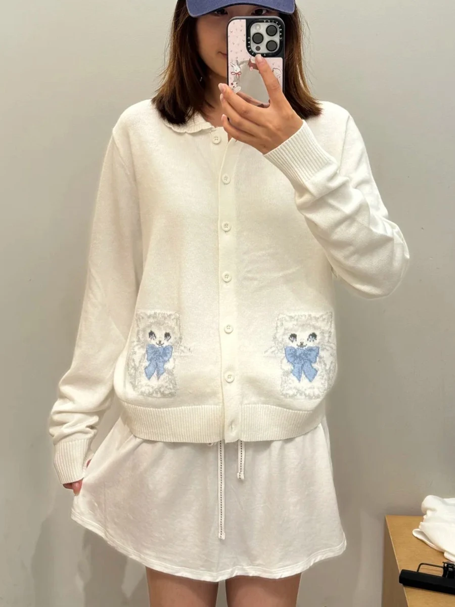 

Cute Animal Crochet Babydoll Top Cardigan Women Autumn Lace Collar Cotton Knitted Jumper Top Sweet Preppy Style Button Sweater