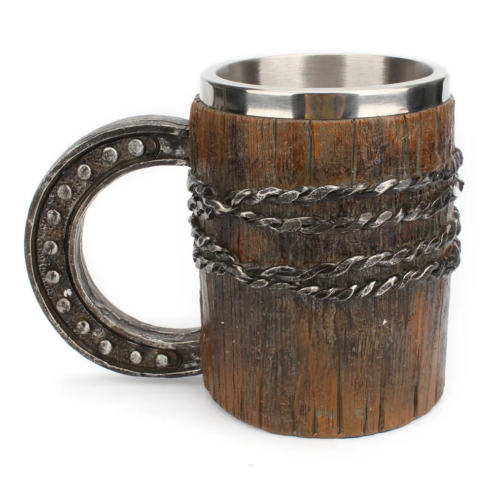 Wooden Barrel Beer Cup Stainless Steel Beer Mug Double Wall Drinking Cups Viking Style Vintage Coffee Mugs Kitchen Supplies