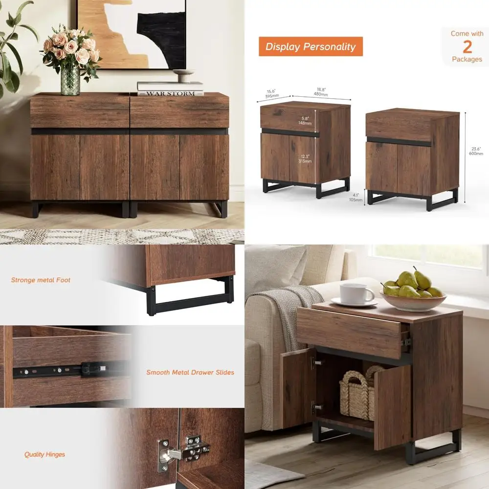 Rustic Wood 2-Piece End Table Set with Drawer and Storage Cabinet, Farmhouse Style Sofa Table with Open Shelves