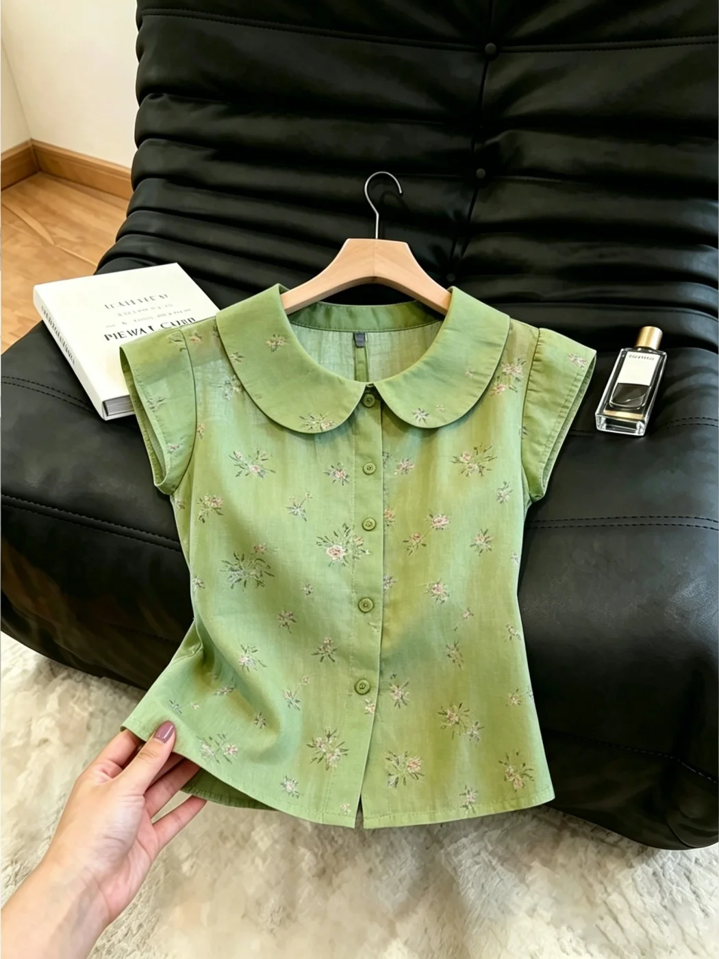 

Green Floral Print Princess Collar Shirt Women's Summer New Style Casual Breathable Loose Fit Button up Top