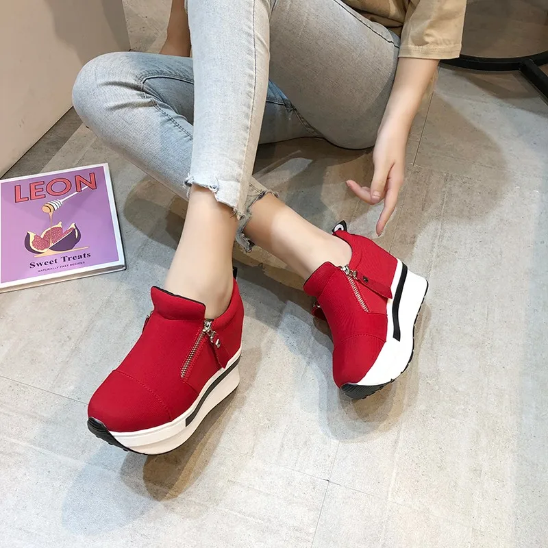 Scarpe da donna con zeppa alla caviglia con plateau scarpe con fondo spesso slip on cerniera moda casual scarpe da ginnastica femminili scarpe