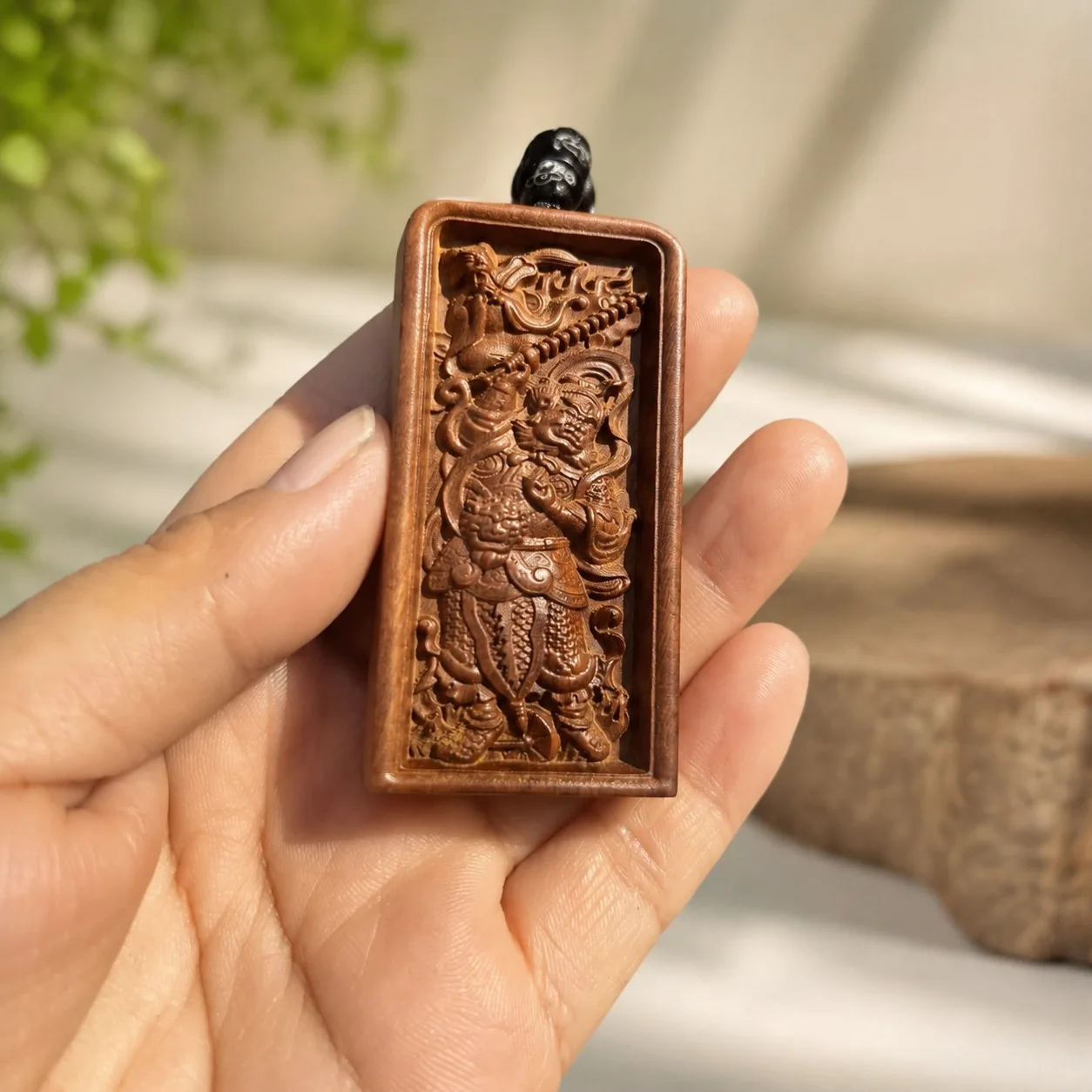 Hand Carved Thunder Struck Jujube Wood Marshal Wang Lingguan Token Double Sided Five Thunder Command Talisman Pendant Gift
