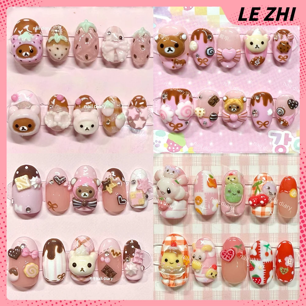 

Sweet Lovely Rilakkuma Almond Handmande Detachable Nail Party Sticker 3D Kawaii Cartoon Strawberry Diamond Bow False Nails