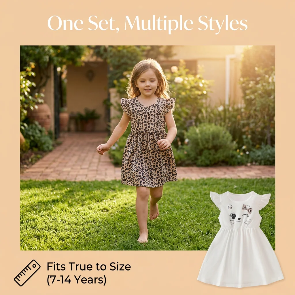Summer Leopard Dress Girl's 2 Piece Pack 7-14 Years School Girl's Casual Dresses Kids A Line Clothes Cute Cat Graphic Outfits