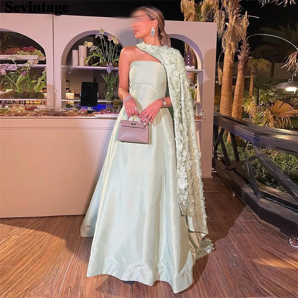 

Sevintage Elegant Minit Green Arabia Prom Dresses A-Line Strapless One Sleeve Cape Formal Evening Dresses Women Party Gowns 2024