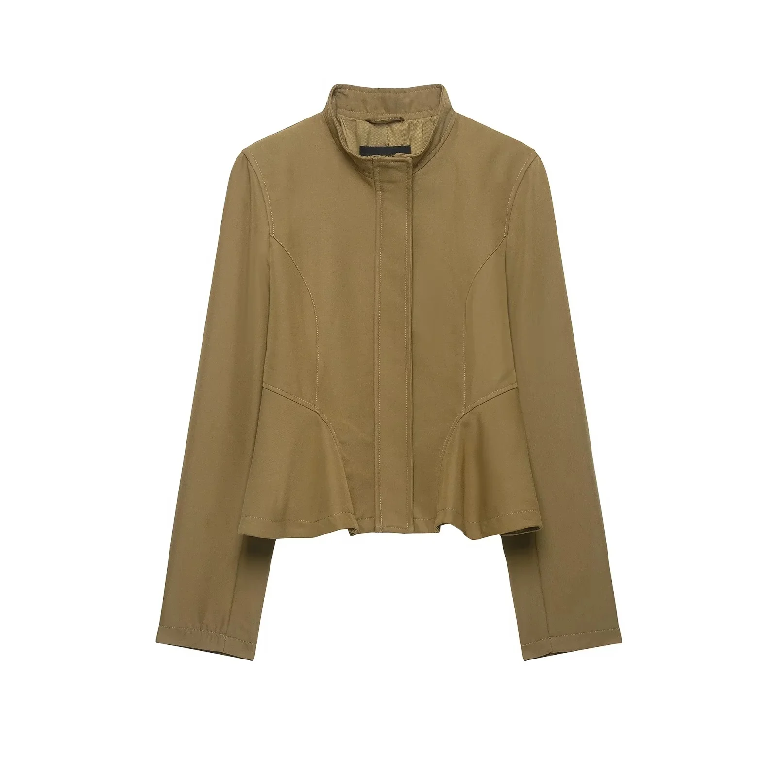 Autumn New Women's Jacket Zipper Stand Collar Nine Points Short Skirt Style Hem Button Outerwear Casual Slim Fit Polyester