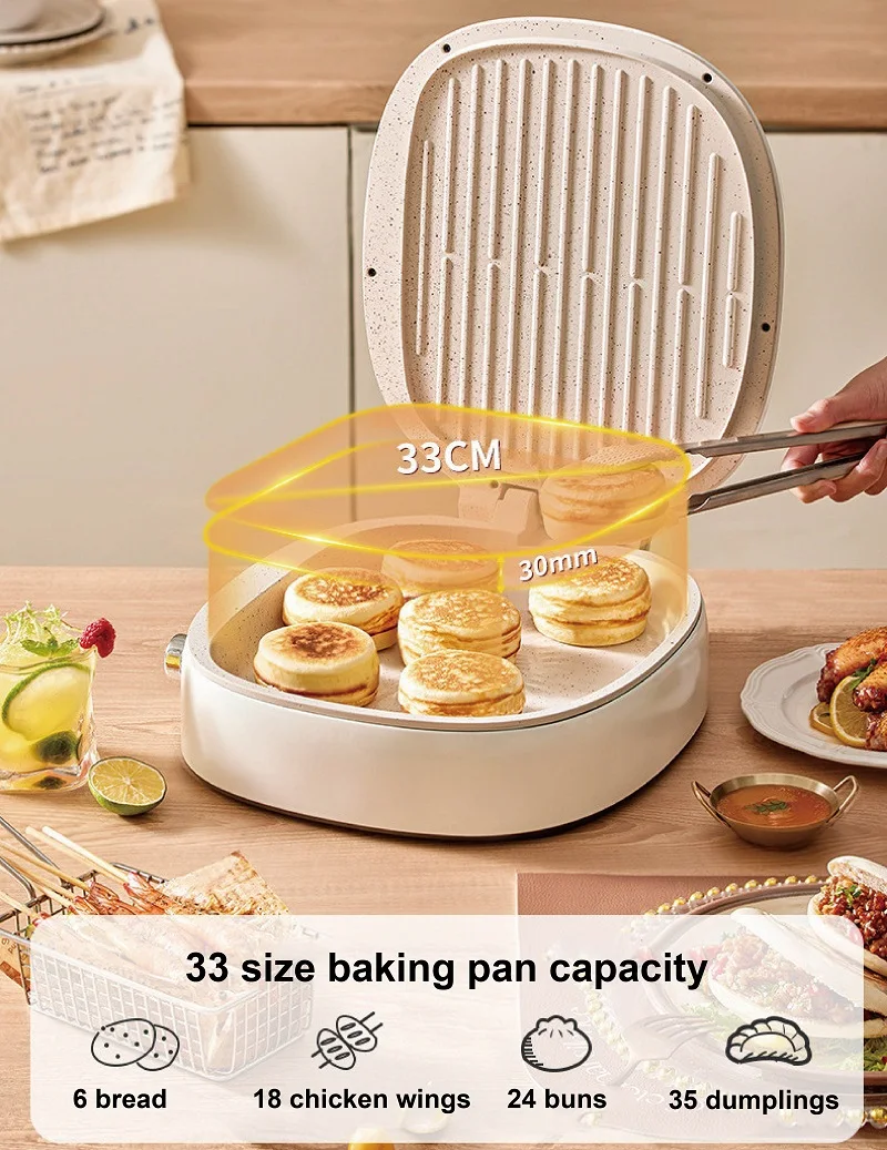 1400W Multifunction Electric Baking Pan Double Disc Heating Hanging Pancake Machine Pie Pizza Bak Pan 3 Gear Adjust Grill Machin