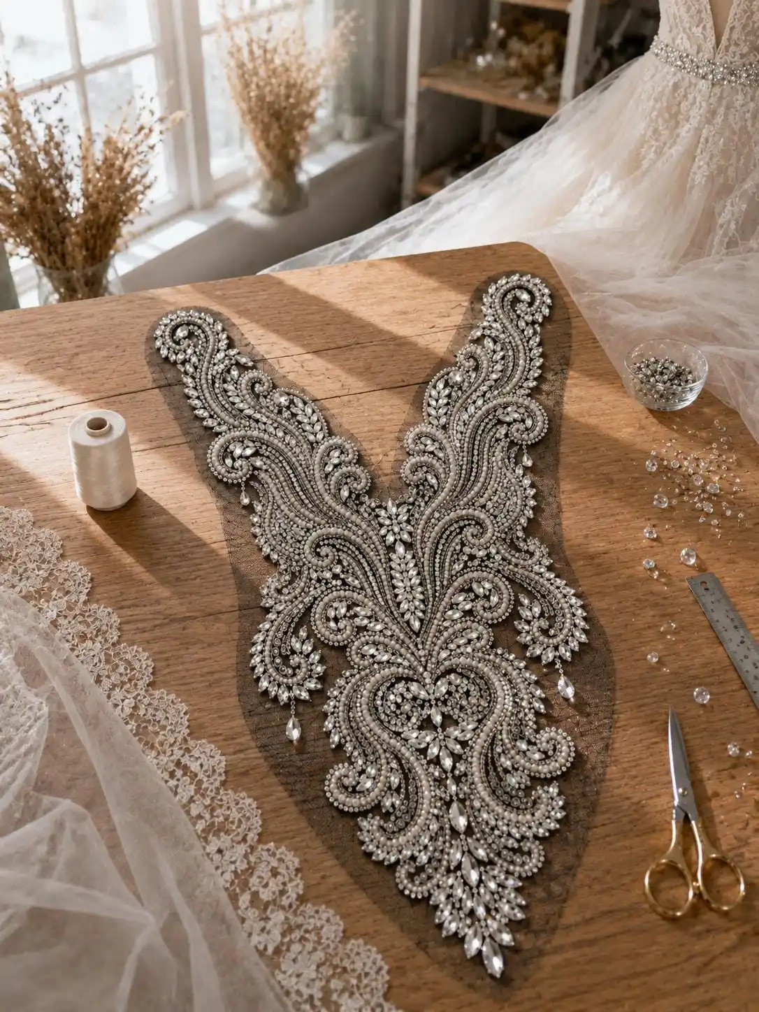 Deep V Silver Rhinestone Beaded Bodice Applique, Crystal Pearl Mesh Patch for Wedding Prom Evening Gown DIY Decor
