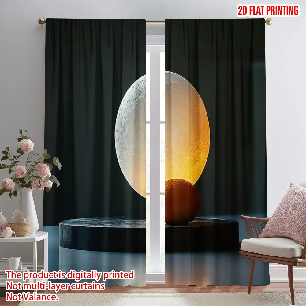 

2D flat printing 2pcs Window Treatment Curtains Moon and Orange Harmony Digital Printed Polyester Drapes Holiday Decorations for