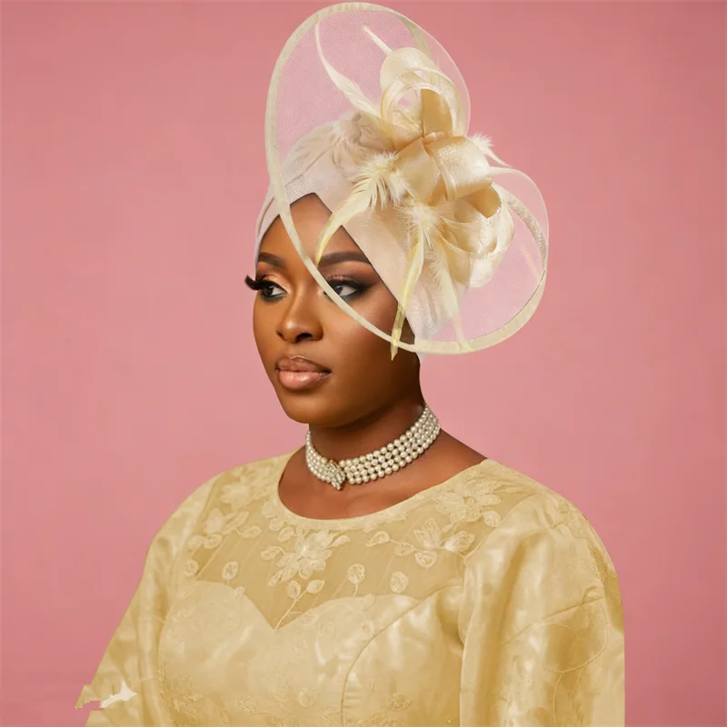 Exaggerated Flower Ruffled Turban Cap for Women Nigeria Headpiece African Head Wraps Wedding Party Auto Gele Headtie Bonnet Hat