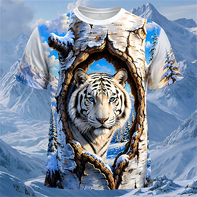 Novelty Optical Illusion Print T-Shirt 3D Men's T-Shirts Summer Short Sleeved Horse Eagle Wolf Graphic Oversized Men T-shirts