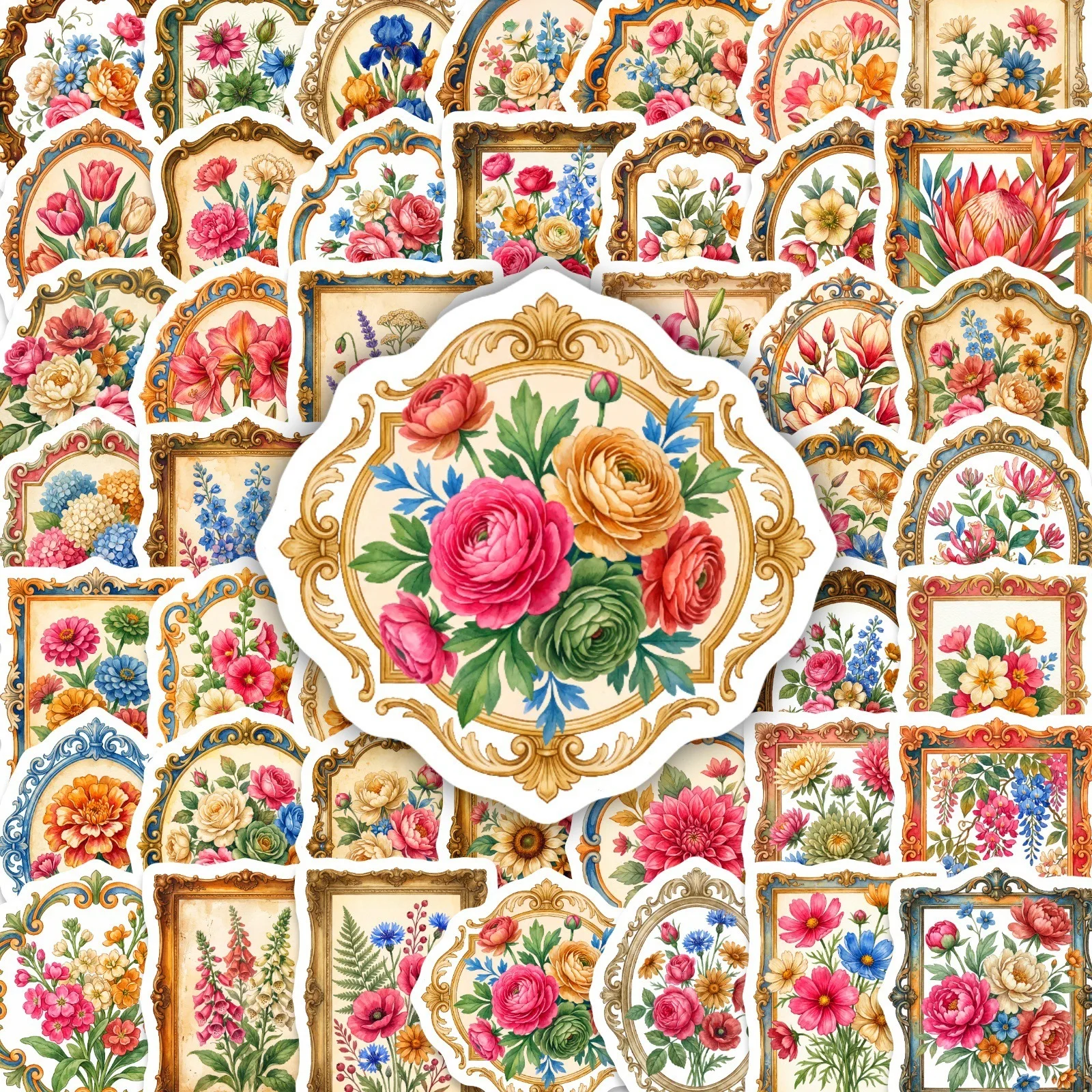 50-Pack European Vintage Frame Stickers Elegant Floral Guitar Fridge Tablet Diary Office School Supplies Decorative Decals