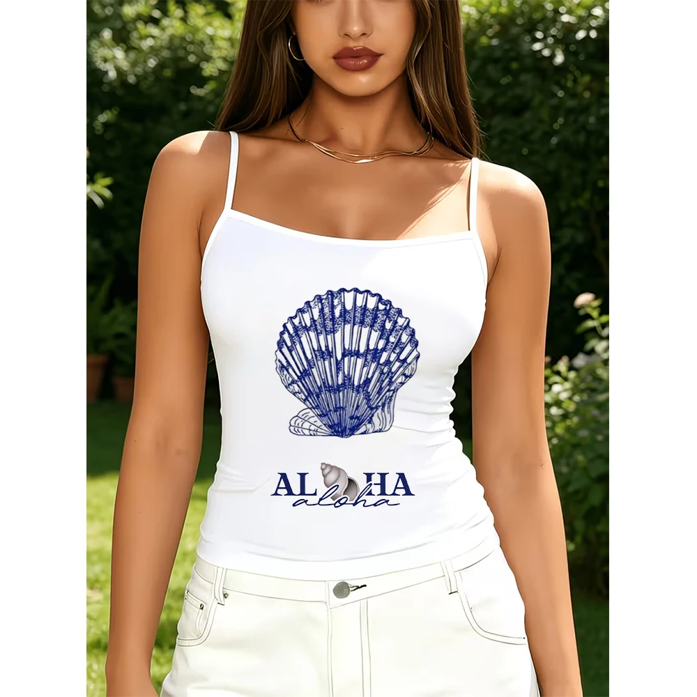 Aloha Seashell White Cami Camisole Blue Shell Beach Graphic Sleepwear Club Wear Streetwear Holiday Summer Vest Shirt