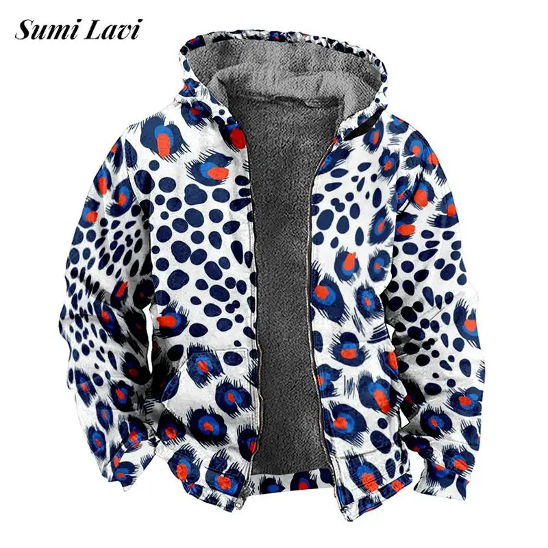 

Fashion Leopard Printing Jackets Mens Wool Lining Coats Autumn Winter Warm Outerwear Casual Loose Zipper Hooded Sweatshirt Men