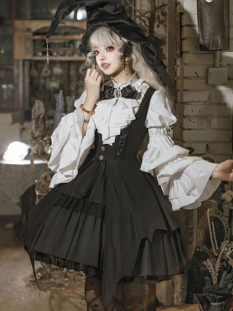 Elegancka Lolita Halloween Cos Magiczna Dziewczyna Goth Codzienna Wiosna Jesień Czarna Sukienka na Ramiączkach Biała Rozkloszowana Koszula z Nieregularnym Krojem