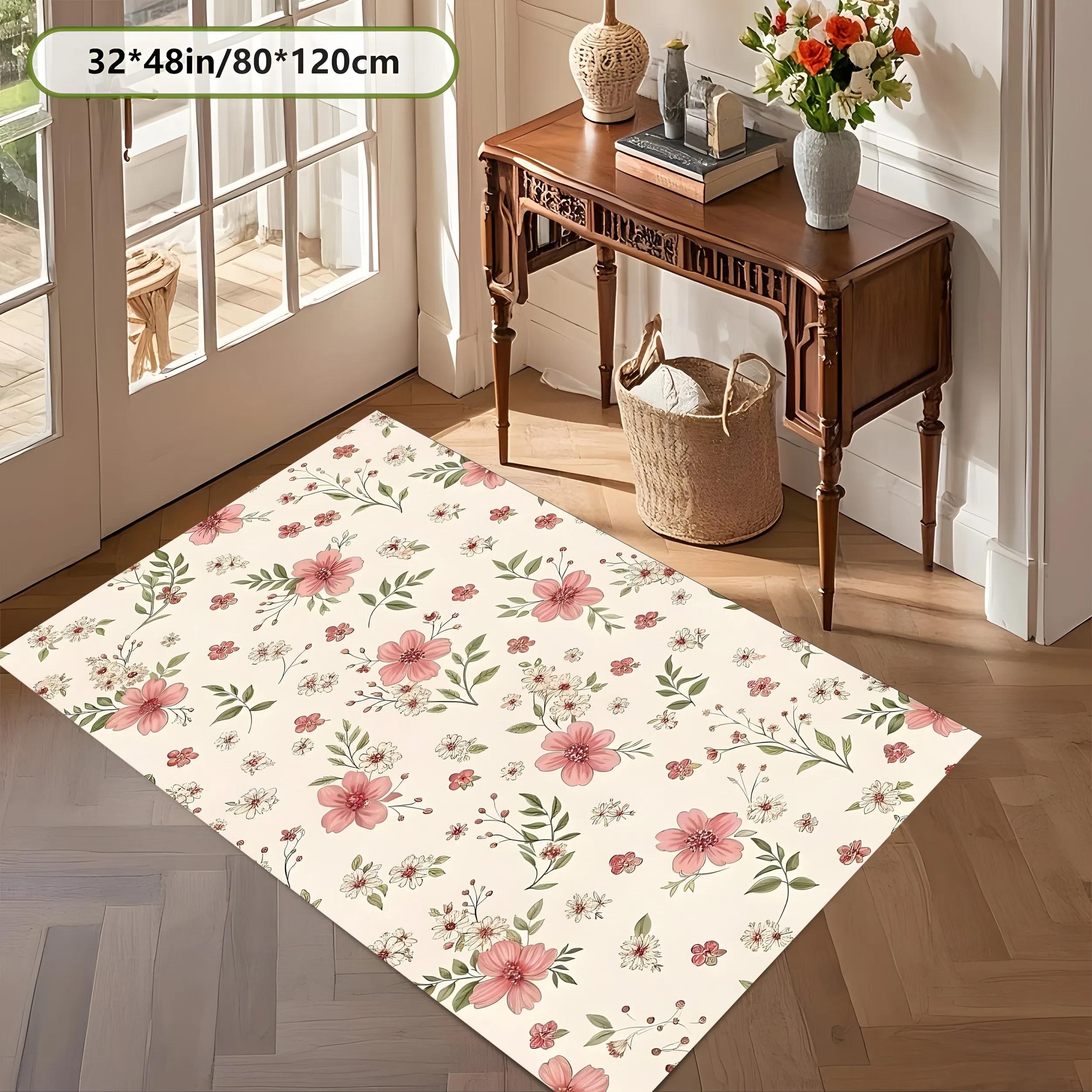 Large Area Rug with Soft Powdery Floral and Leaf Pattern, Fresh Pastoral Style, for Living Room Bedroom Bay Window