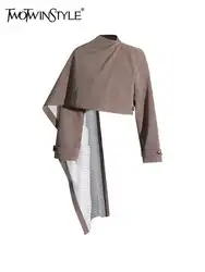 TWOTWINSTYLE Solid Spliced Button Irregular Short Coats For Women Turtleneck Long Sleeve Asymmetrical Jacket Female Fashion New