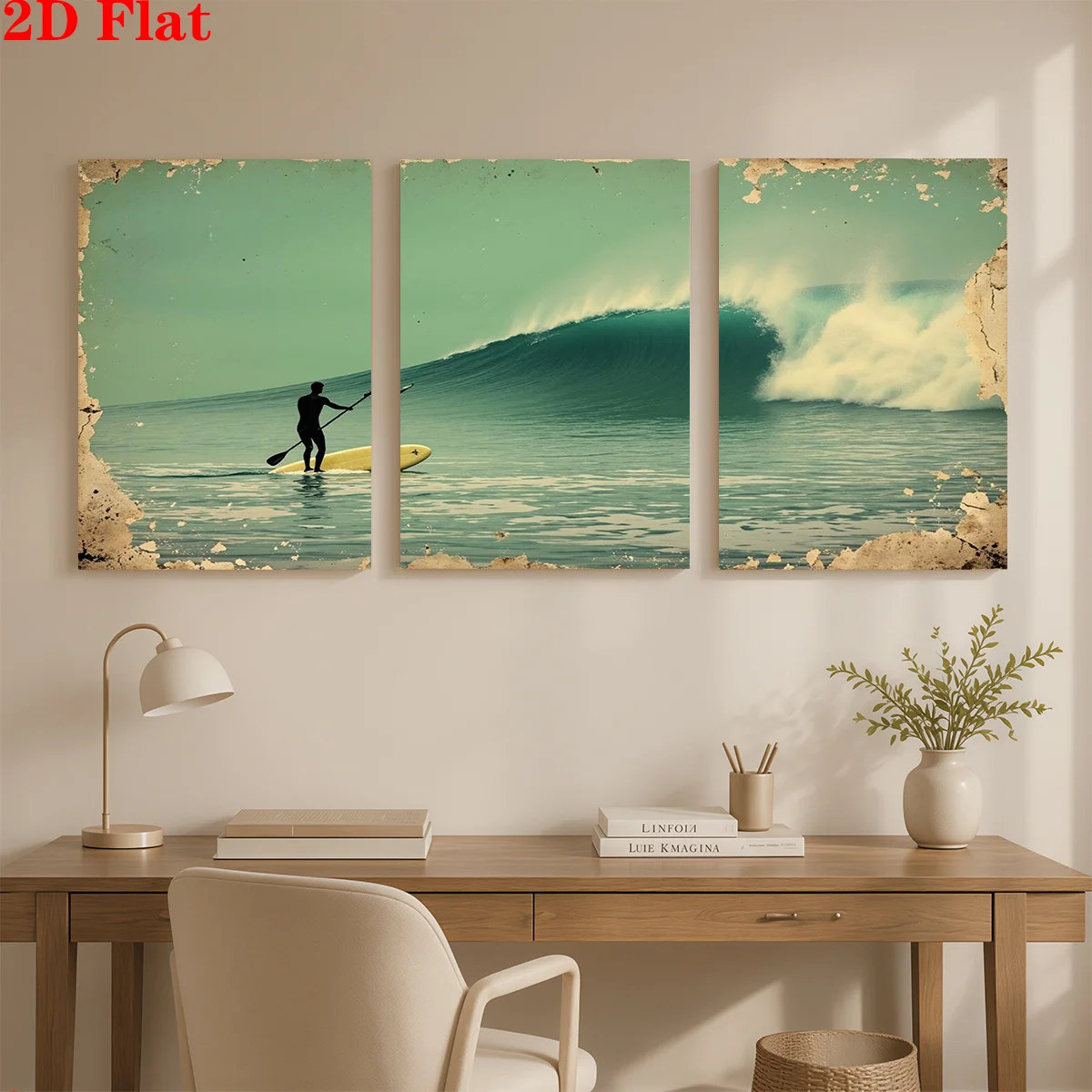 Frameless canvas 2D 3pcs Canvas Art Wall Hanging- A surfer on paddleboard faces a big wave. Suitable for Decorating Offices,