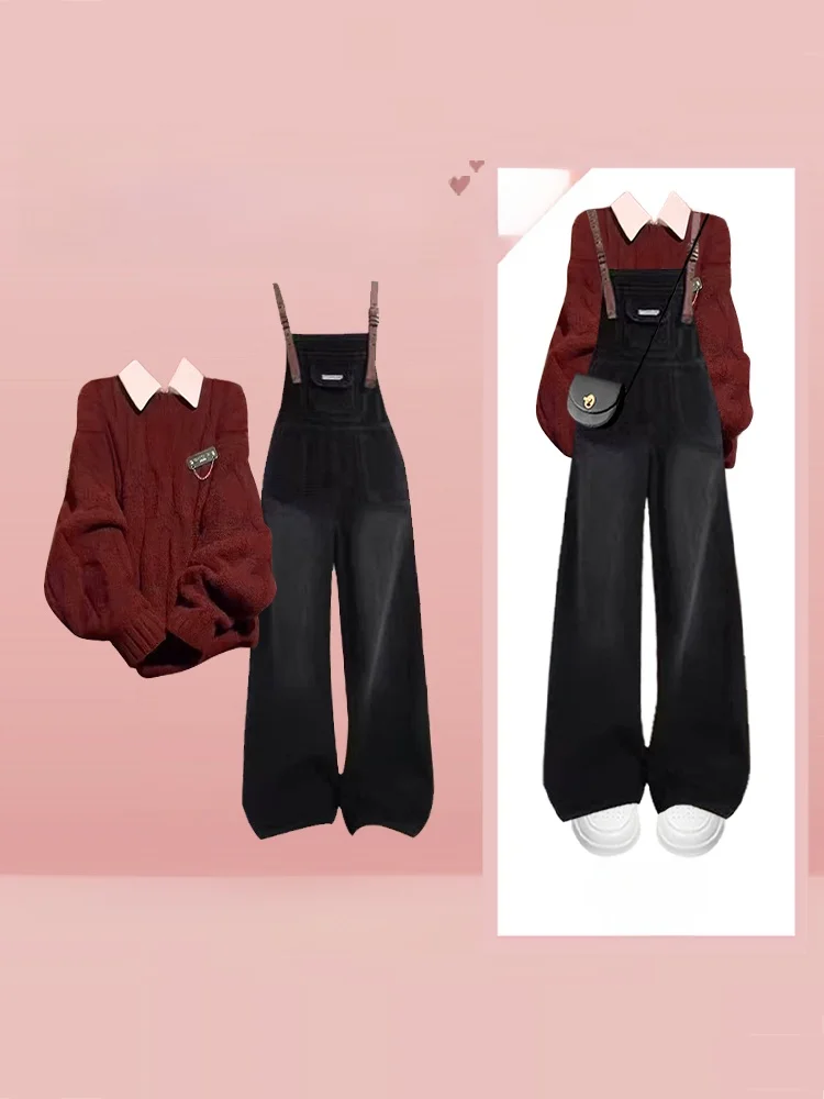 

Осенний модный комплект: красный свитер в корейском студенческом стиле больших размеров и женский омолаживающий комплект из двух предметов с широкими брюками-комбинезонами в повседневном стиле