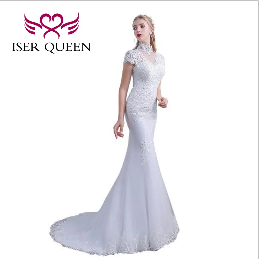 ที่กําหนดเองคอสูงลูกไม้ Appliques ชุดเดรสเมอร์เมดสําหรับผู้หญิงแขนสั้น Hollow กลับ Elegant ชุดเจ้าสาว WD8008