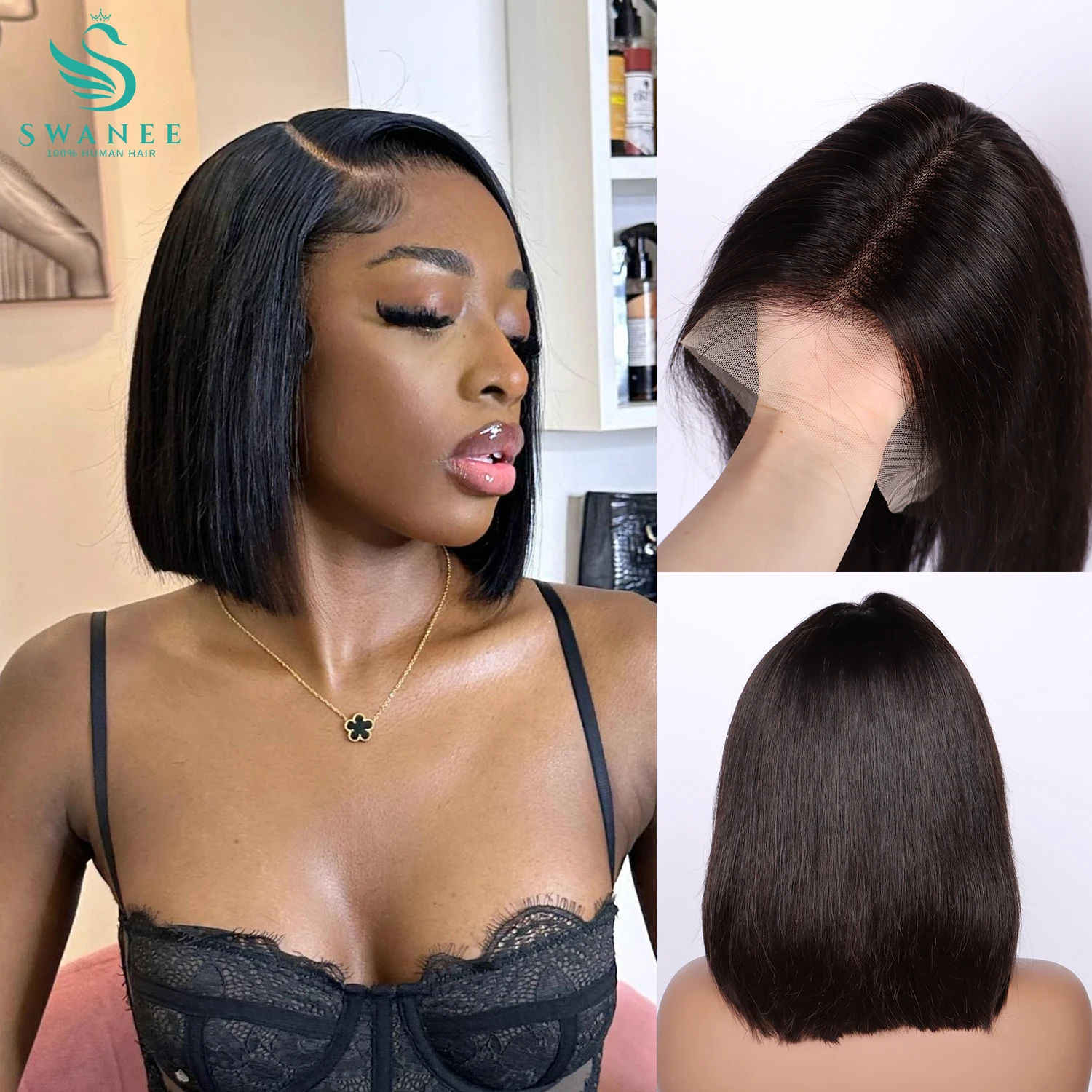 SWANEE Bob Wigs Brazilian Human Hair Lace Front Wigs Human Hair Glueless Wigs Transparent Lace Bob Wigs Straight Natural Color