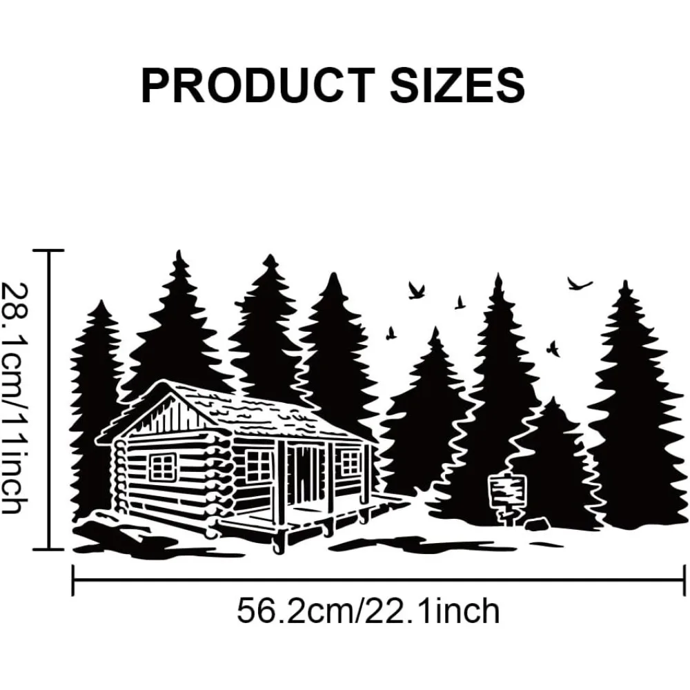 2pcs Forest Cabin Tree Stencil 22×11inch Splicing Style Forest Pine Cabin Stencil Nature Forest Landscape 11.8×11.8inch