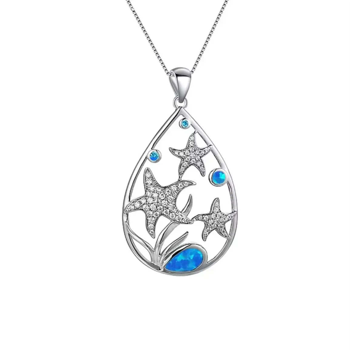 Dainty Ocean Blue Opal Necklace,Minimalist Teardrop with Star Cluster and CZ Accents,Hypoallergenic Gift for Her,Ready to Ship